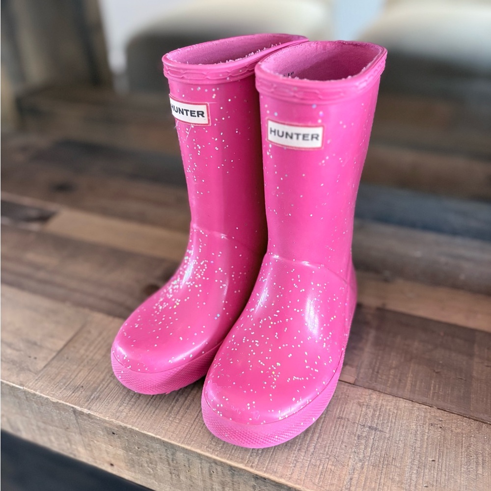 Hunter Bright Pink Glitter Kids Rain Boots
